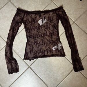 Forever 21 Sheer Lace Off-Shoulder Top - Dark Brown